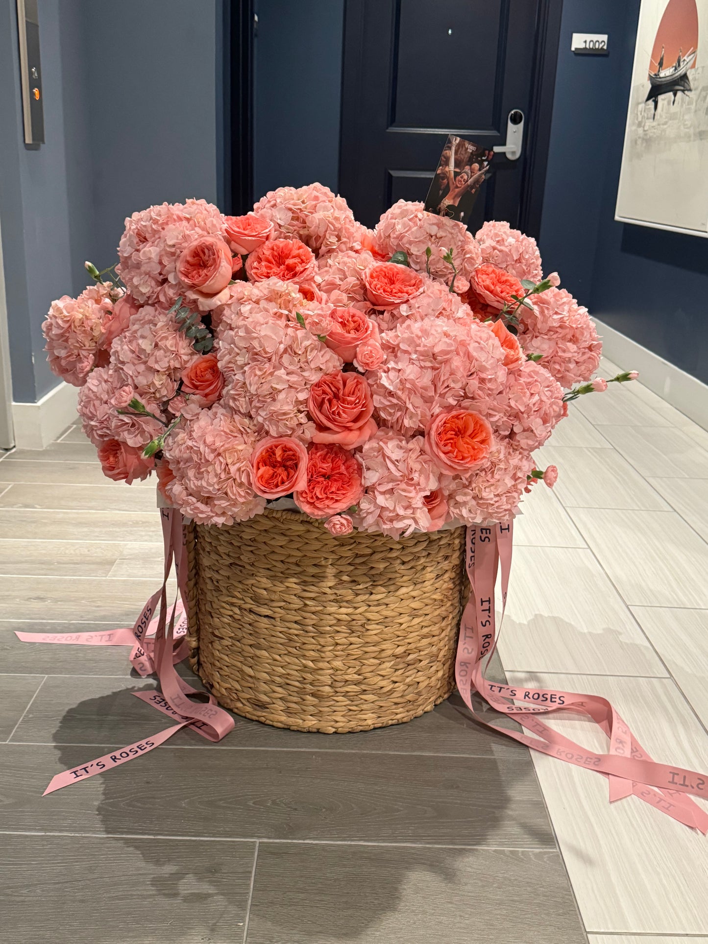 Huge pink flowers basket