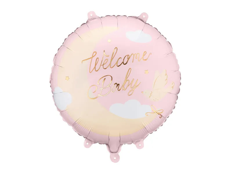 Round pink balloon with 'Welcome Baby' text on a white background