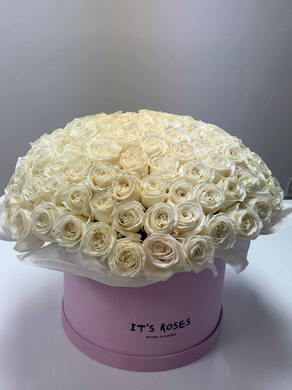 100 white roses in Luxury pink box