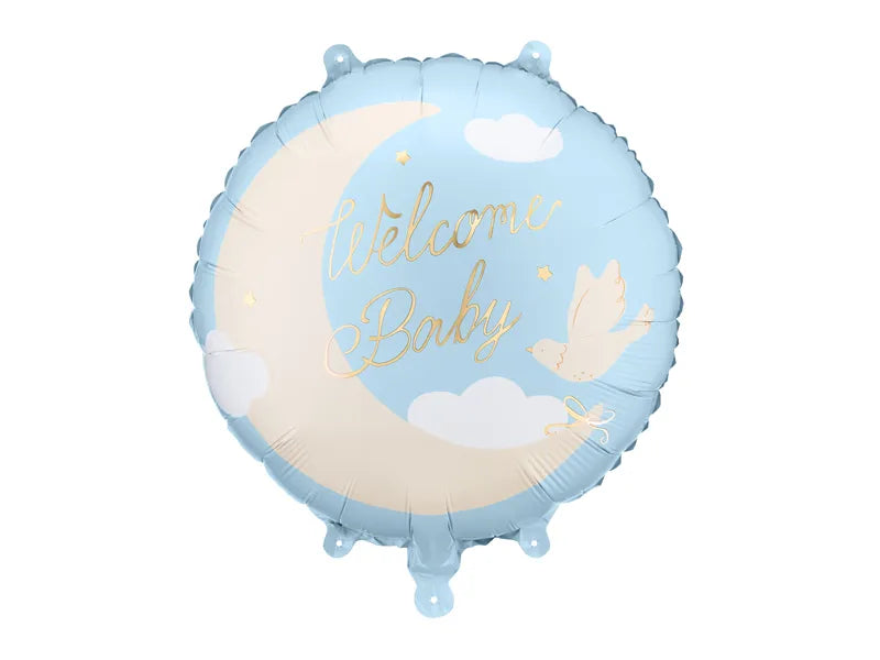 Round blue balloon with 'Welcome Baby' text and baby illustrations on a white background