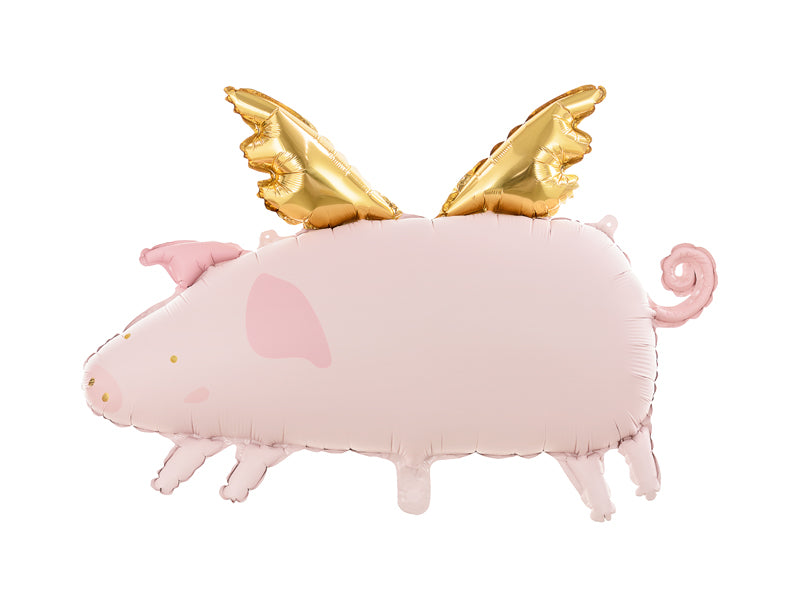 Pink plush toy pig with gold wings on a white background