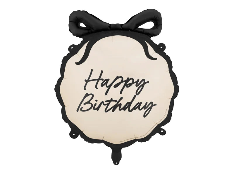Round balloon with 'Happy Birthday' text and black bow on a white background