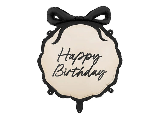 Round balloon with 'Happy Birthday' text and black bow on a white background