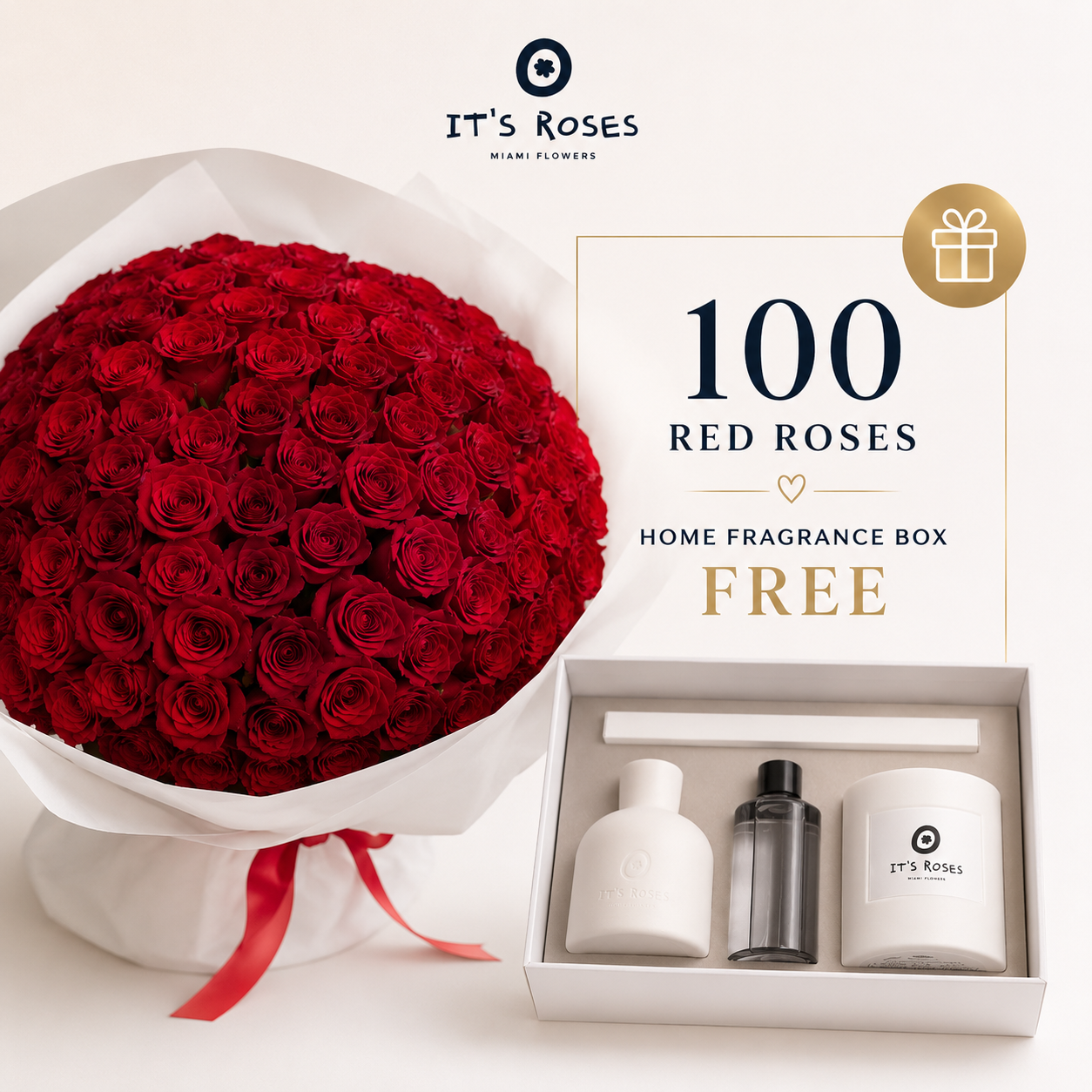 Special offer- 100 red roses + free fragrance box