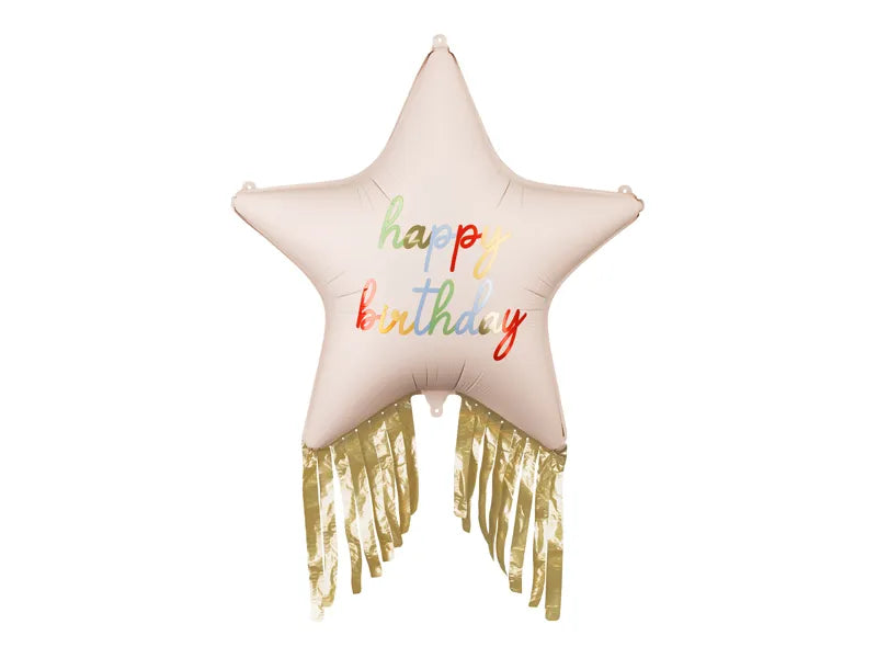 Star-shaped pillow with 'happy birthday' text and gold fringe on a white background