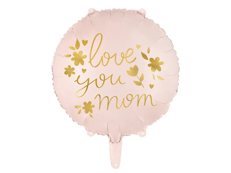 Pink balloon with 'Love You Mom' text and gold flowers on a white background
