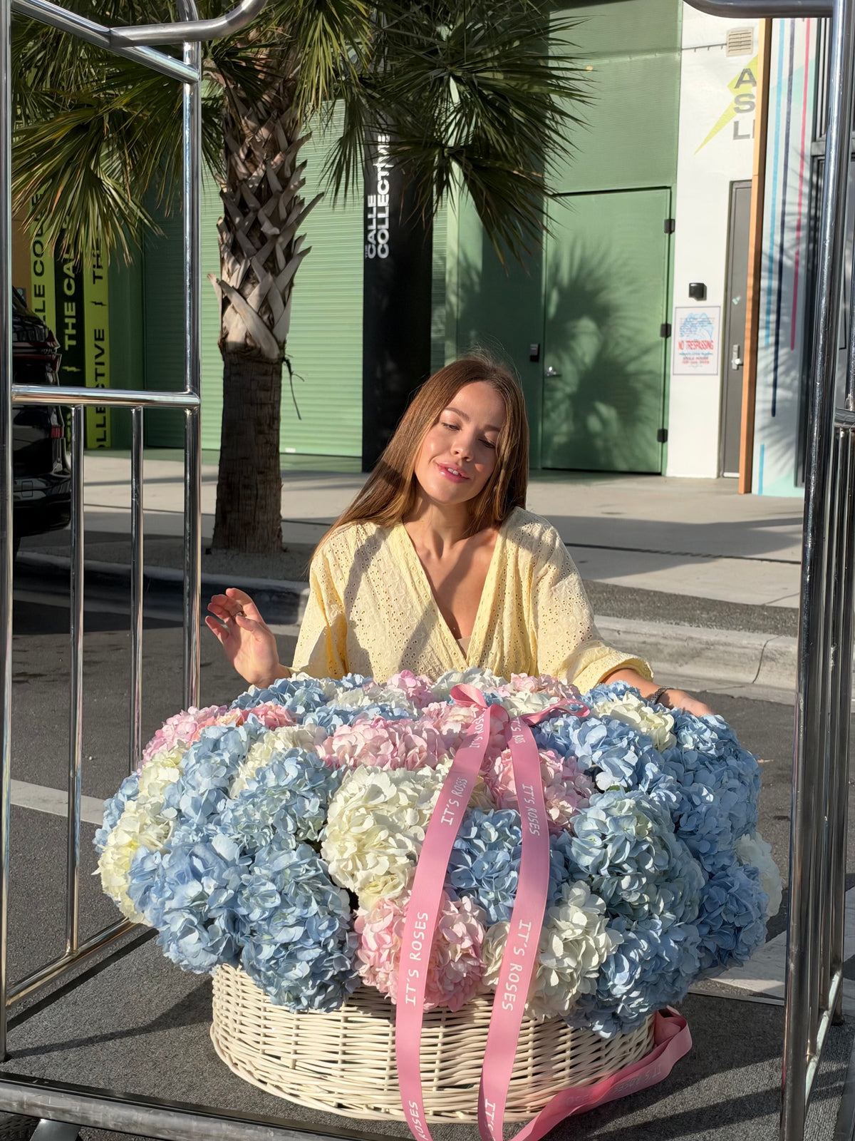 Extra large luxury hydrangea basket with blue, pink and white hydrangeas – oversized pastel flower arrangement with same-day delivery in Miami by IT IS ROSES