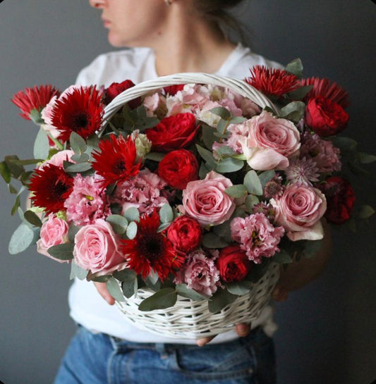 Pink & red flowers basket